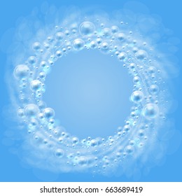 Realistic transparent soap bubbles like frame on blue background circling in a circle. Vector illustration.