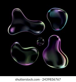 Realistic transparent soap bubbles on black background set.Liquid flowing 3D abstract shapes.Vector illustration