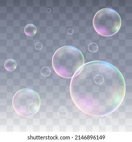 Realistic transparent soap bubbles with rainbow reflection