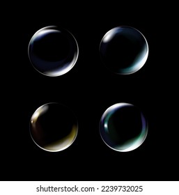 Realistic transparent soap bubbles with rainbow reflection. Isolated set composition