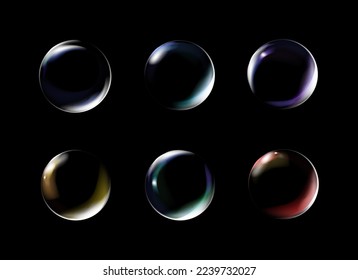 Realistic transparent soap bubbles with rainbow reflection. Isolated set composition