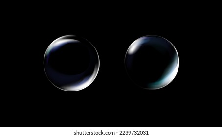 Realistic transparent soap bubbles with rainbow reflection. Isolated set composition
