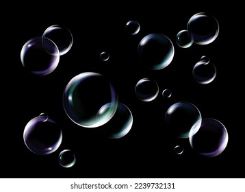 Realistic transparent soap bubbles with rainbow reflection. Isolated set composition