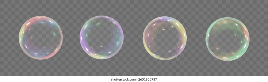 Bolhas de sabão transparentes realistas com brilho do arco-íris no fundo transparente. Elementos realistas vetoriais para desenhos de crianças, cartões e decorações de férias.