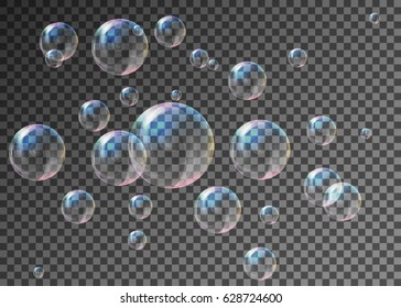 Realistic transparent soap bubbles with rainbow reflection set isolated design elements.