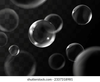 Realistic transparent soap bubbles with reflection. Isolated set composition.