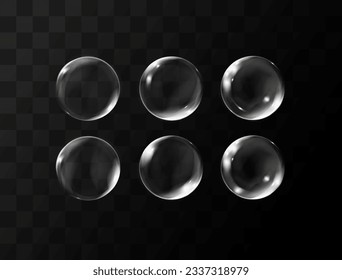 Realistic transparent soap bubbles set with reflection. Isolated set composition. Magic bubble.