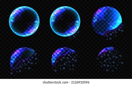 Realistic transparent soap bubbles with shiny abstract reflections. Vector 3d soap transparent bubble stages of the explosion.