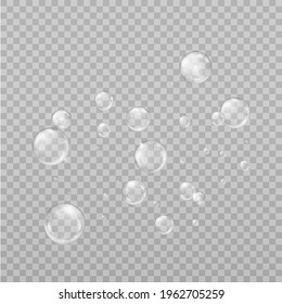 Burbujas de jabón transparentes y realistas de agua de jabón. Elementos de diseño para lavar polvo, champú, cosméticos de piel.
Aislado sobre un fondo transparente.