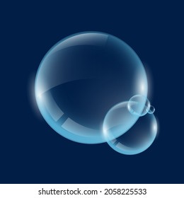 Realistic transparent soap or water bubbles. Big translucent glass spheres with glares and shadow on blue background. Isolated eps vector transparency orbs illustration