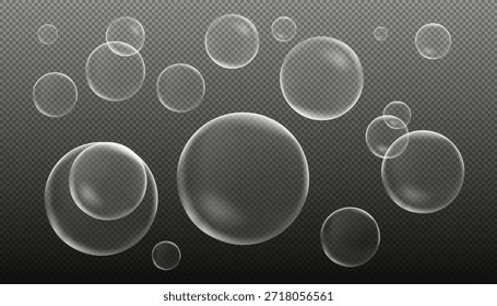 Realistic transparent soap or water bubbles of various sizes isolated on a dark checkered background. Perfect for overlays, liquid designs, and fresh concepts.