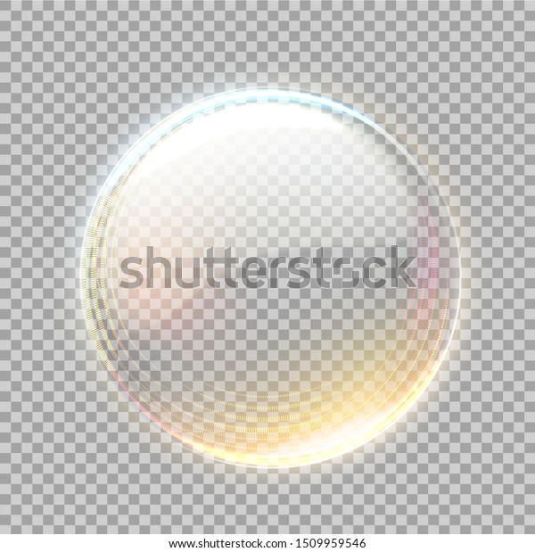 Realistic transparent sphere with golden\
glowing bubble on transparent background. Vector glossy bubble, 3d\
orb. 3d abstract circle for your\
design.