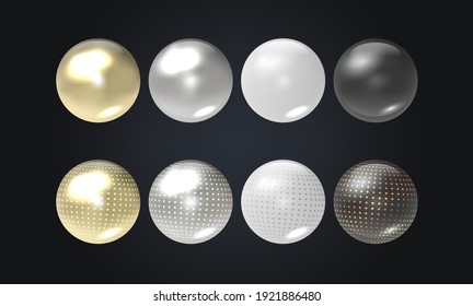 Realistic transparent spheres or balls in different shades of metallic gold and silver color. Glossy 3d ball or precious pearl.