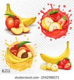 Salpicaduras transparentes y realistas de jugo fresco de melocotones y plátanos. Conjunto de frutas aisladas de Vector. Manojo de plátanos y algunas fresas. Ilustración de comida 3D sobre un fondo blanco, elemento de diseño