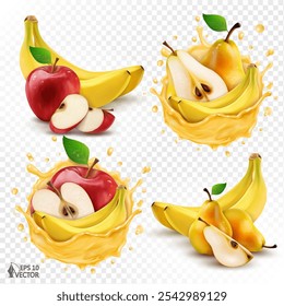 Realista salpicos transparentes de suco fresco de maçãs e bananas. Conjunto de frutas isoladas vetoriais. Bananas cacho e peras maduras. ilustração de comida 3D em um fundo branco, elemento de design