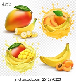 Salpicaduras transparentes y realistas de zumo fresco de mango y plátanos. Conjunto de frutas aisladas de Vector. Manojo de plátanos y unos albaricoques. Ilustración de comida 3D sobre un fondo blanco, elemento de diseño