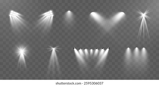 Realistic transparent spotlight effects set. Stage lighting, concert, show, stadium, theater illumination. Bright glow, beams, lens flare, shine, studio, photography light.