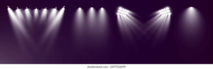 Realistic transparent spotlight effects set. Stage lighting, concert, show, stadium, theater illumination. Bright glow, beams, lens flare, shine, studio, photography light.	