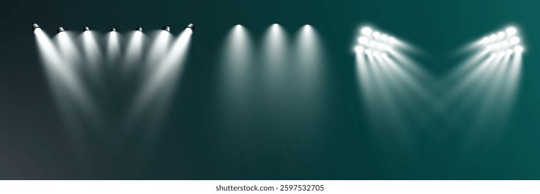 Realistic transparent spotlight effects set. Stage lighting, concert, show, stadium, theater illumination. Bright glow, beams, lens flare, shine, studio, photography light.	