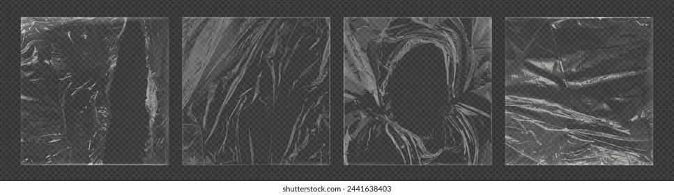 Fondo de envoltura de plástico elástico transparente realista o maqueta de paquete de celofán. Tapa de polietileno desgarrada y deformada con textura de grunge overlay. Película o lámina de plástico para el diseño de plantillas de redes sociales.