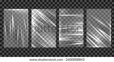 Realistic transparent stretch plastic wrap texture, film polyethylene. Vector set of wrapping stretch film background. Vector rumpled plastic warp, cellophane package mockup