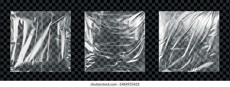 Realistic Transparent Plastiс  Textures. Plastic sleeve or wrap with fingerprints texture overlay. Vector Illustration of Crumpled Plastic Sheets on Transparent Background for Design Projects, Overlay