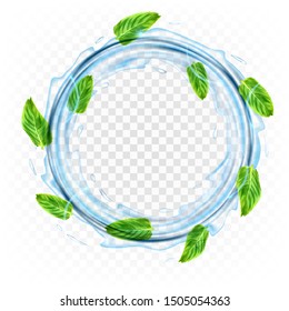 Realistic transparent vector circle splash of water with leaves of  mint.