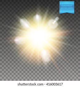 Realistic transparent vector explosive light effect with a fiery center, radiating rays and flare effect
