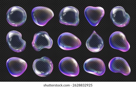 Burbuja de agua transparente realista, fluido de luz del arco iris 3D, gota de mar o lluvia, bola de vidrio líquido, burbuja de jabón brillante e icono de salpicadura de globo con fondo de naturaleza holográfica y textura de agua de cristal.