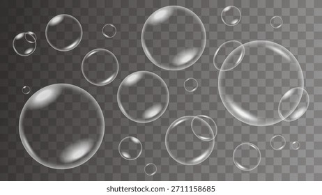 Conjunto realista de burbujas de agua transparente: gotas de jabón flotantes brillantes con reflejos, esferas líquidas 3D claras en Vector de fondo transparente