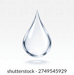 Realistic transparent water drop. Collagen and hyaluronic acid hydration concept. Clear liquid droplet. Cosmetic serum. Vector illustration