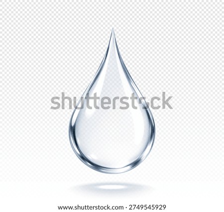 Realistic transparent water drop. Collagen and hyaluronic acid hydration concept. Clear liquid droplet. Cosmetic serum. Vector illustration