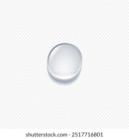 Realistic transparent water drop vector illustration. 3D glass liquid overlay effect. Volume round aqua droplet, glossy gel bubble. Clear fluid shape with glares isolated