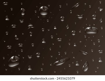 Realistische transparente Wassertropfen Hintergrund. Regentropfen auf dem Glas. Vektorillustration auf blauem Hintergrund. EPS 10. Schokoladenhintergrund