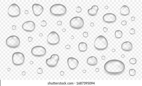 Realistic transparent water drops. Glass sphere, isolated rain elements. Liquid blobs vector illustration