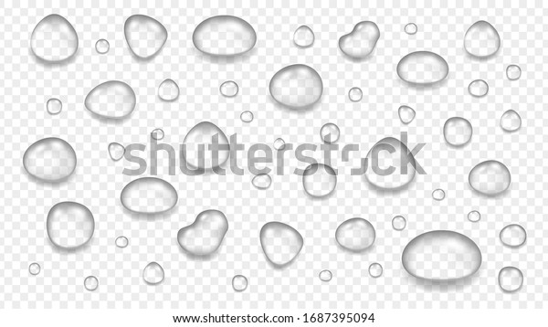 Realistic transparent\
water drops. Glass sphere, isolated rain elements. Liquid blobs\
vector illustration