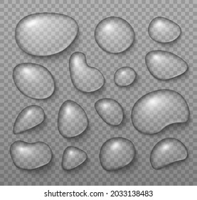 Realistic transparent water drops. Pure clear water drops, rain droplet on glass, Aqua drip on transparent background.