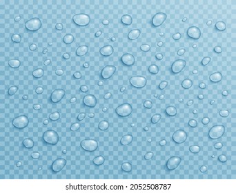 Realistic transparent water drops. Pure clear water drops, rain droplet on glass, Aqua drip on transparent background.