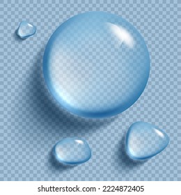 Gotas de agua transparentes y realistas. La lluvia cae sobre el fondo transparente. Ilustración del vector