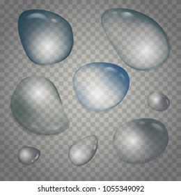Realistic transparent water drops set. Pure liquid droplets isolated.