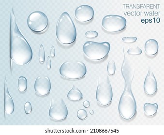 Realistic transparent water drops set. Rain drops on the glass. Isolated vector illustration