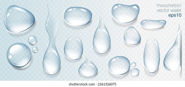 Gotas de agua transparentes y realistas. Las gotas de lluvia en el vaso. Ilustración vectorial aislada
