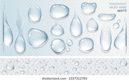 Realistic transparent water drops set. Rain drops on the glass. Isolated vector illustration