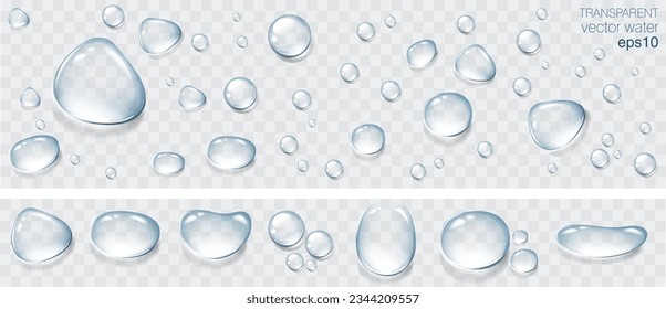 Realistic transparent water drops set. Rain drops on the glass. Isolated vector illustration