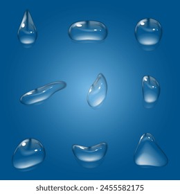 Realistic transparent water drops set. Rain drops on the glass.  Vector illustration on blue background. EPS 10.