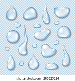 Gotas de agua transparentes y realistas sobre fondo azul claro. Ilustración de vectores eps10