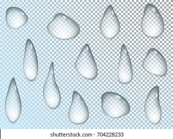 Realistic transparent water drops set on light blue background with transparency gray and white square grid. Raindrop vector illustration collection. Macro rain drops on window glass. Aqua droplet.
