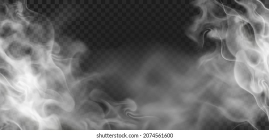 Realistic transparent wavy hot steam or smoke effect. Evaporation, fog or haze. Spooky mist cloud. Food or drink vapour vector background. Fume or gas flow, hookah smog illustration