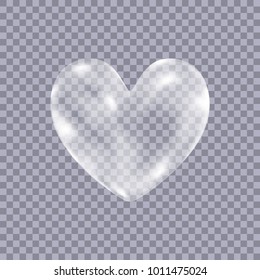 Realistic transparent white  soap  bubbles in shape  of the  heart isolated on checkered background. Symbol of love. Design element for romantic valentines day card. Vector texture.