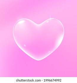 Realistic transparent white vector soap bubble shaped as heart. Glossy romantic soapy heart. Valentine day symbol. Pink background.